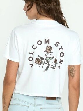 Volcom Dial Crop Tee White with Brown Rose Graphic